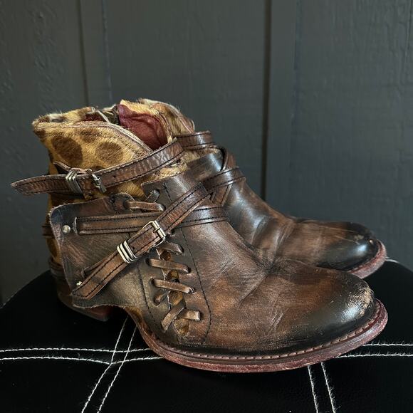 Freebird Belfast Leather Calf Hair Leopard Brown Strappy Buckle Boots Size 8 - Picture 4 of 10